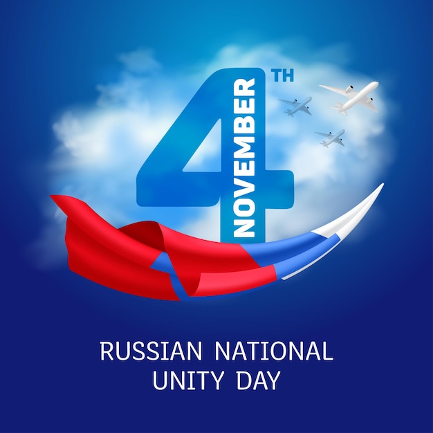 Wenskaart of banner aan russische nationale eenheidsdag - 4 november. vectorillustratie voor vakantie in rusland met een nationale driekleurige vlag op blauwe hemelachtergrond met wolken