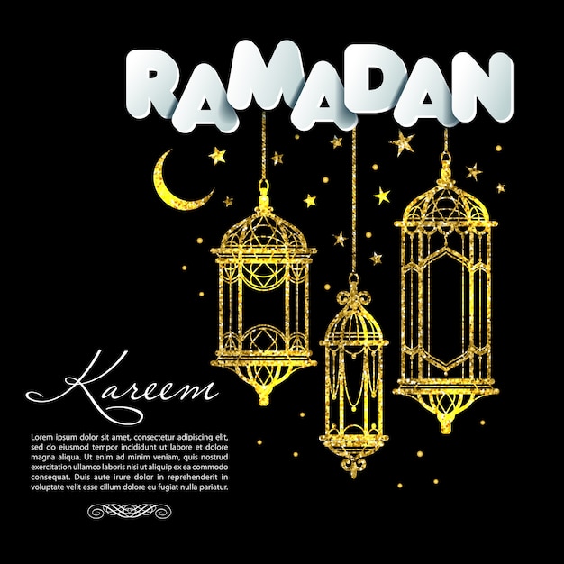 Wenskaart Ramadan Kareem met lampen en manen.