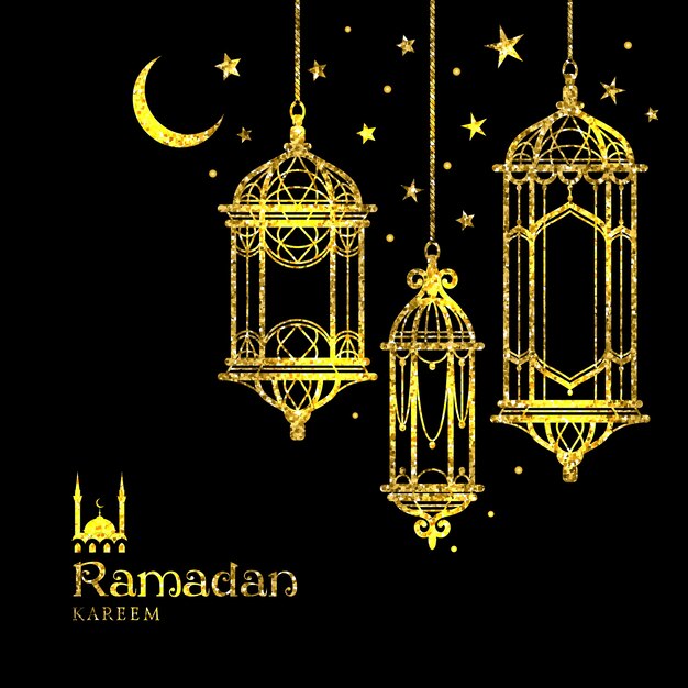 Wenskaart Ramadan Kareem ontwerp met lampen en manen.