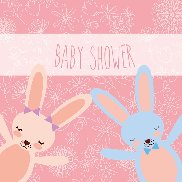 wenskaart van baby shower roze en blauwe konijntjes