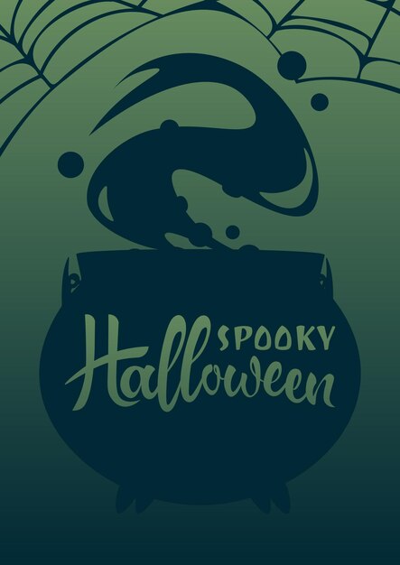 Wenskaart voor halloween silhouet van een heksenketel en spinnenweb flyerbanner voor allerheiligen met griezelige items