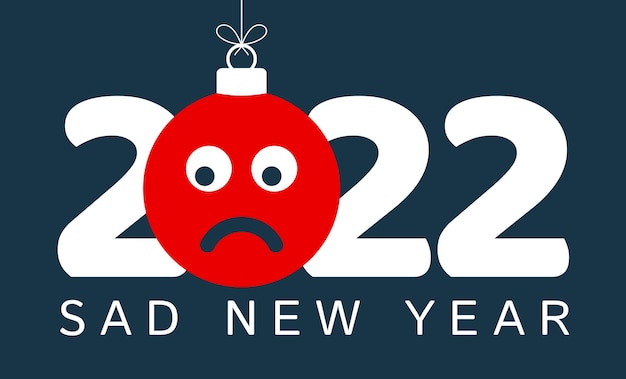 Wenskaart voor het nieuwe jaar van 2022 met een droevig emoji-gezicht dat aan een draad hangt als een kerstspeelgoed, bal of snuisterij. Nieuwjaar emotie concept vectorillustratie