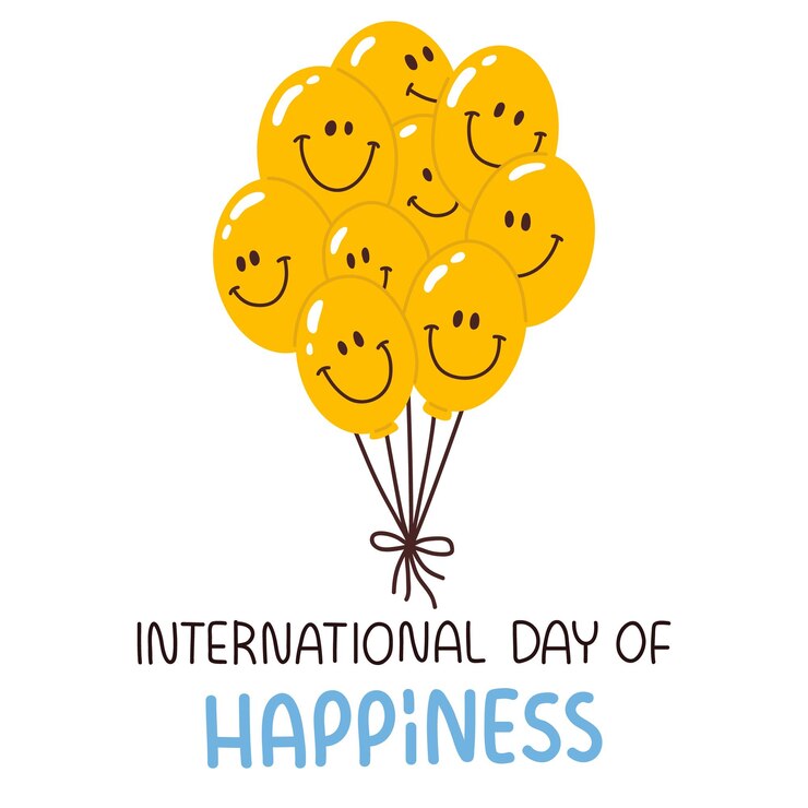 wenskaart voor Internationale Dag van het Geluk met schattige cartoon lachende gezichten op ballonnen