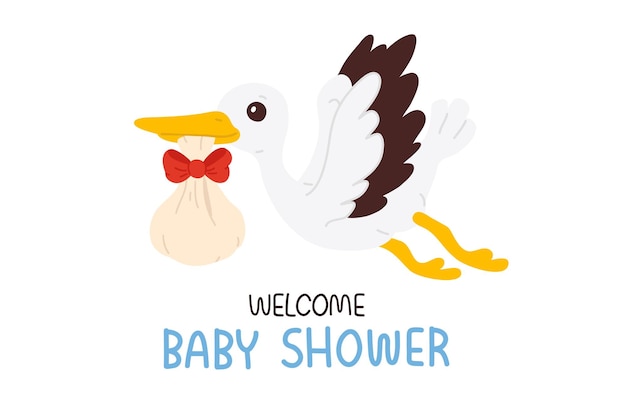 Wenskaart voor welcome baby shower met schattige cartoonooievaar