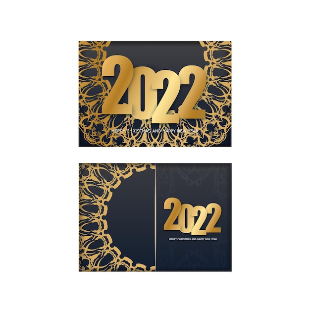 Wenskaartsjabloon 2022 Prettige Kerstdagen en Gelukkig Nieuwjaar zwarte kleur met luxe gouden patroon