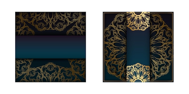 Wenskaartsjabloon met blauwe kleurovergang met Indiase gouden patroon voor uw ontwerp.