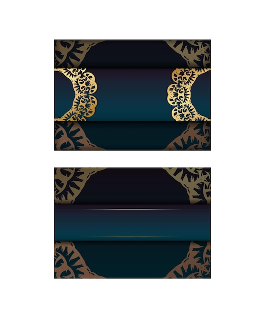 Wenskaartsjabloon met blauwe kleurverloop met luxe gouden patroon voorbereid voor typografie.