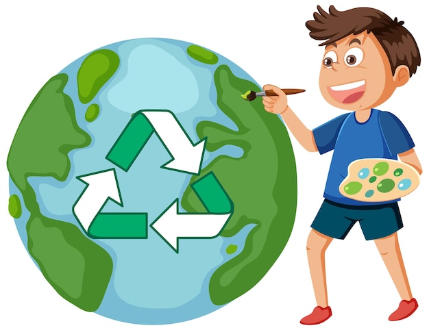 Wereld aarde dag concept met een jongen die recycle symbool op oor trekt