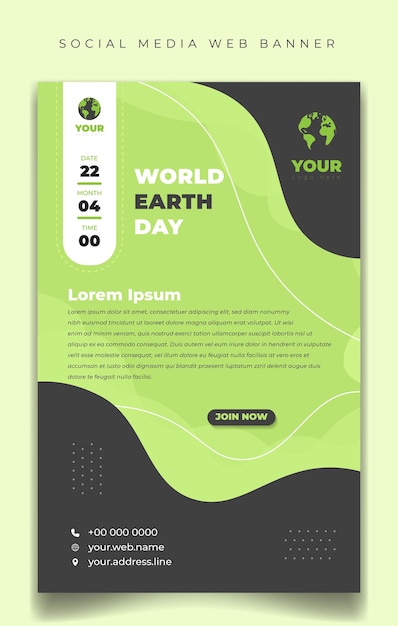 Wereld aarde dag sjabloon met groene achtergrond in portretformaat voor social media postsjabloon