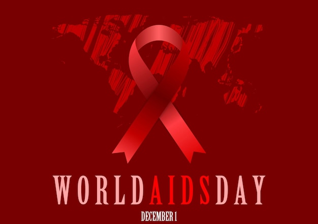 Wereld Aids Dag met rood lint en grunge kaart Vector background