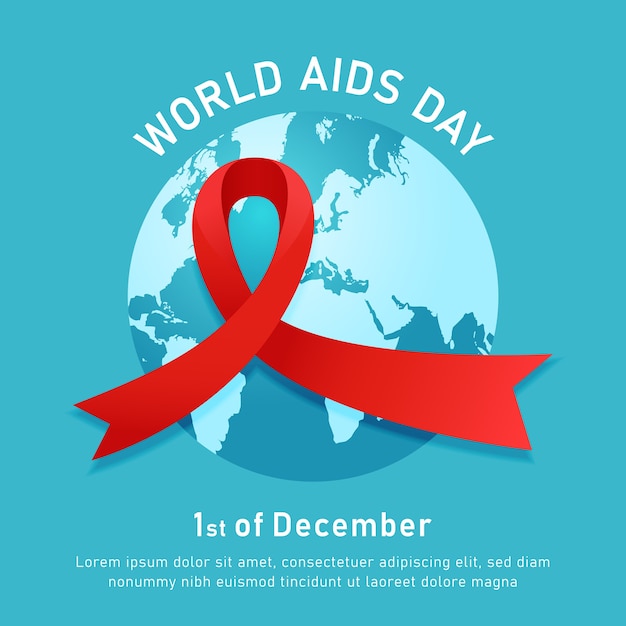 Wereld Aids hiv dag evenement poster met rood lint symbool en blauwe ronde wereldkaart vector illustratie achtergrond