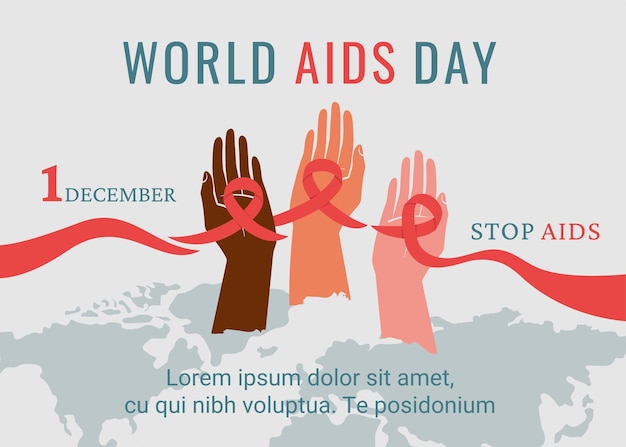 Wereld Aidsdag banner Bewustwording van aids Mensen van verschillende kleuren nationaliteit met rood lint als symbool van eenheid helpen voor elkaar Ondersteuning voor hiv-geïnfecteerde mensen Vector illustrationx9