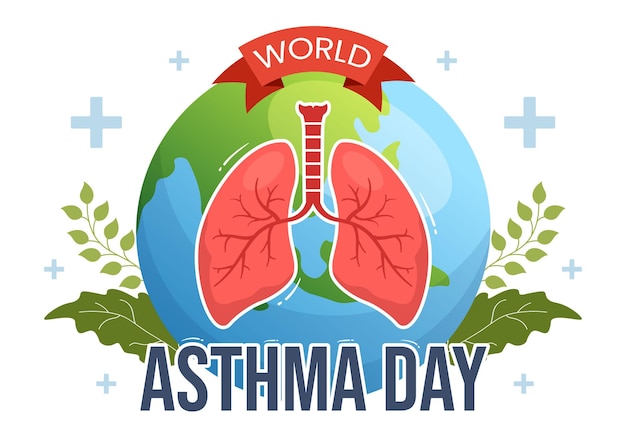 Wereld Astma Dag Illustratie met Inhalator en Gezondheidspreventie Longen in Handgetekende Sjablonen