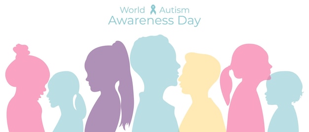 Wereld autisme awareness day bannervector illustratie met silhouetten van kinderen