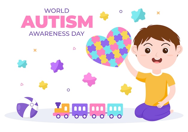 Wereld Autisme Awareness Day met schattige karakter kinderen en hand van puzzelstukjes geschikt voor wenskaart, poster of banner in platte ontwerp illustratie