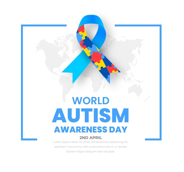Vector wereld autisme bewustzijn dag banner met puzzel lint en wereldkaart ontwerpsjabloon