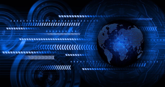 Wereld binaire printplaat toekomstige technologie blauwe hud cyber security concept achtergrond