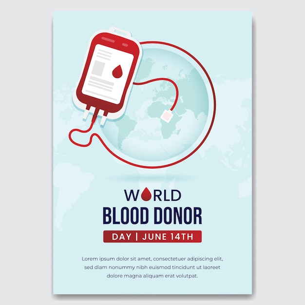 Wereld bloeddonor dag 14 juni met bloedzak en globe illustratie flyer ontwerp