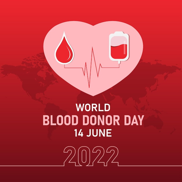 Wereld bloeddonordag poster met hart en bloedzak op rode achtergrond