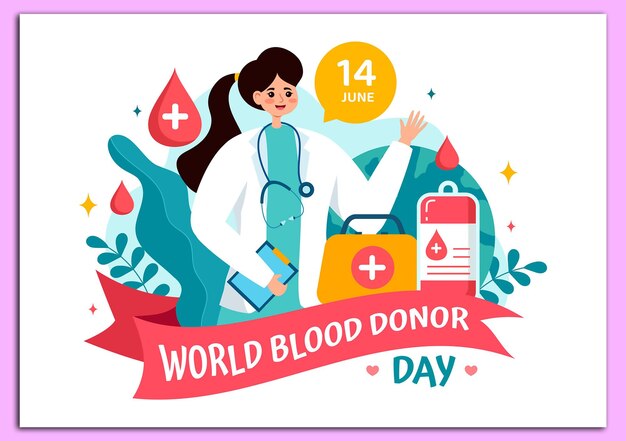 Wereld Bloeddonordag Vector Illustratie op 14 juni met menselijk gedoneerd bloed voor Give the Recipient in Save Life in Flat Cartoon Background