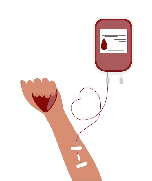 Vector wereld bloeddonordag zak bloed met de hand bloeddonatie concept vrouw doneert bloed