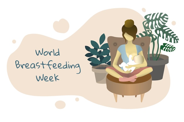 Wereld borstvoeding week het meisje zit op een stoel en voedt de baby met moedermelk