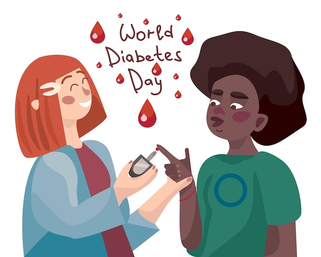 Vector wereld diabetes dag. een meisjesdokter neemt bloed in een glucometer om de suikerspiegel van een afro-amerikaans meisje te meten.