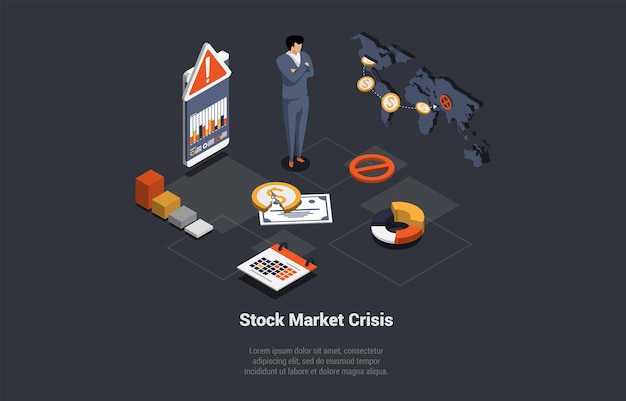 Wereld financiële crash Stock Market Crisis Concept Geschokte handelaar heeft marge-oproep Mislukte investering in risicovolle activa Mislukking Verlies van geld Faillissement Isometrische 3D-vectorillustratie