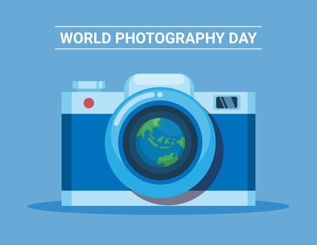 Wereld Fotografie Dag met Camera en aarde in lens symbool illustratie vector