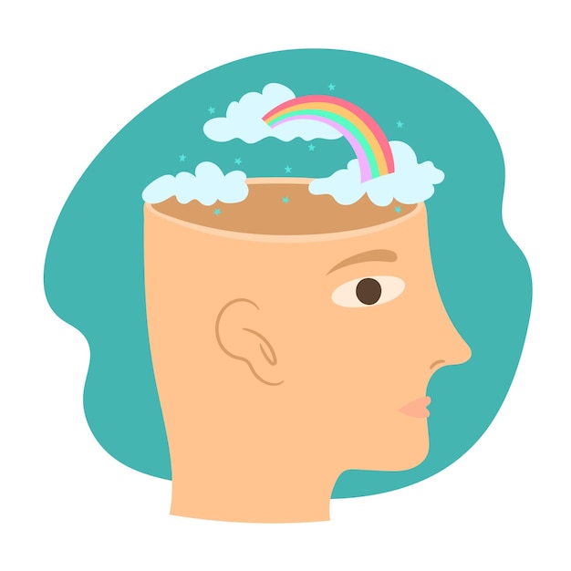 Vector wereld geestelijke gezondheid dag illustratie. silhouet van iemands hoofd met hersenen.