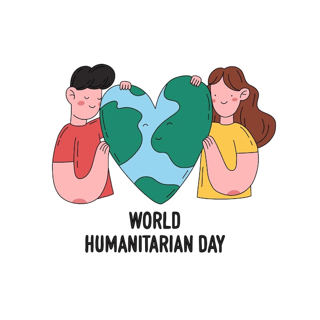 Wereld humanitaire dag hand getekende platte vectorillustratie in minimalistische stijl stripfiguren