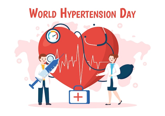 Wereld hypertensie dag illustratie met hoge bloeddruk en rode liefde afbeelding in de hand getekend