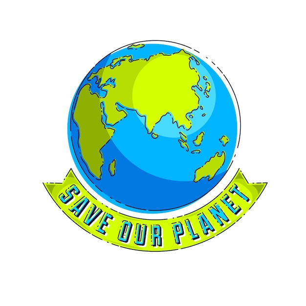 Vector wereld internationale earth day concept, eco ecologie, klimaatveranderingen, earth day 22 april, planeet met lint en typen vector embleem of illustratie geïsoleerd op witte achtergrond.