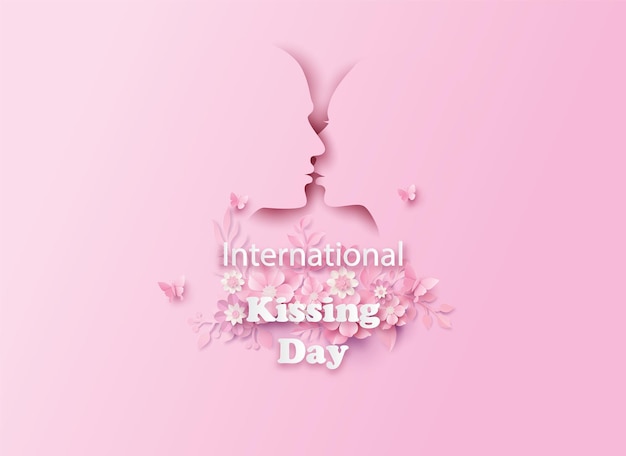 Wereld kus dag. man en vrouw paar zoenen. papier collage en papier gesneden stijl met digitale ambacht.