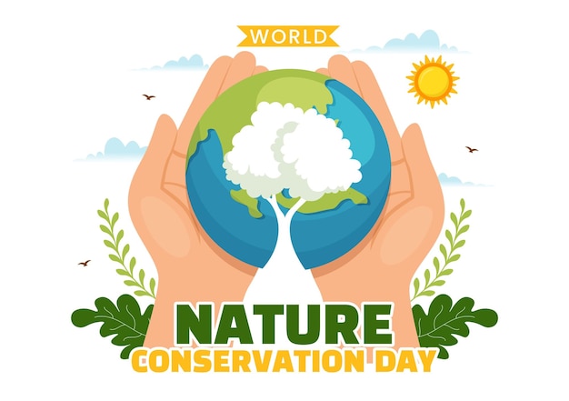 Wereld natuurbehoud dag vectorillustratie met wereldkaart en eco vriendelijke ecologie sjabloon