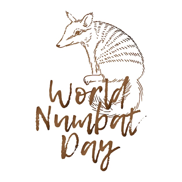 Wereld Numbat Dag wenskaart illustratie met schattige cartoon schets van een dier in aquarel