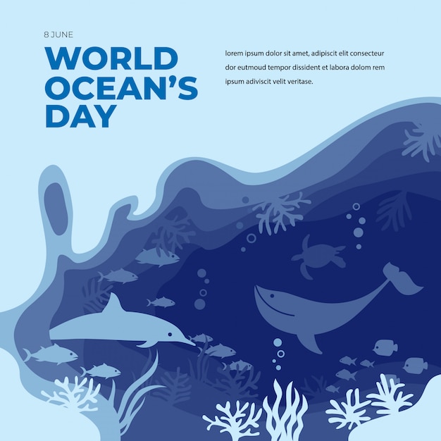 Wereld oceaan dag platte papercut stijl met dolfijnen, walvissen en rif