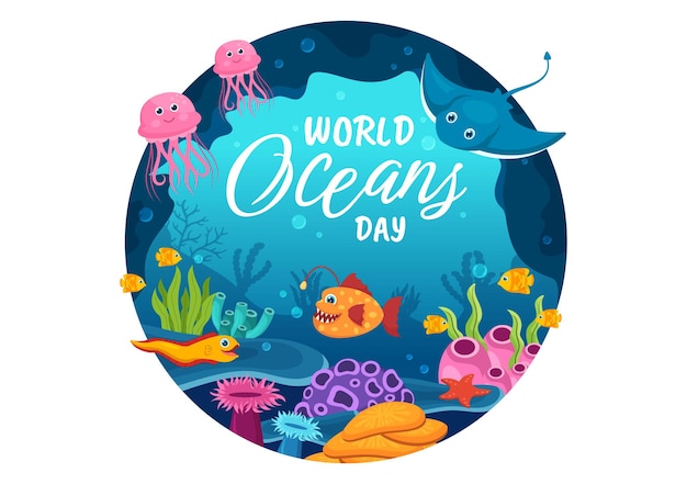 Wereld Oceanen Dag Illustratie om te helpen bij het beschermen en behouden van oceaan- of zeeplanten in de hand getekende sjabloon