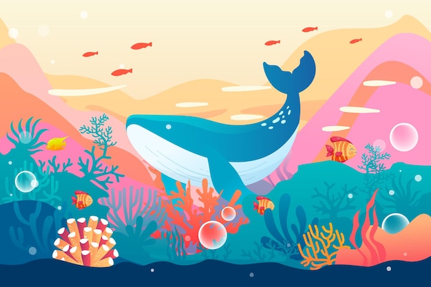 Wereld Oceanen Dag onderwaterwereld met oceaan en vis in de achtergrond vectorillustratie