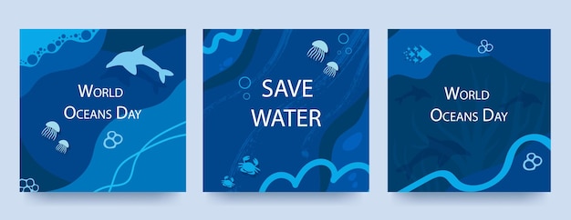 Wereld oceanen dag poster set met blauwe achtergrond vloeibare vormen en oceaan elementen lay-outs voor het afdrukken van flyers covers banner ontwerp eco concept vector