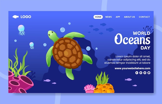 Wereld Oceanen Dag Social Media Landing Page Flat Cartoon Handgetekende Sjabloon Illustratie