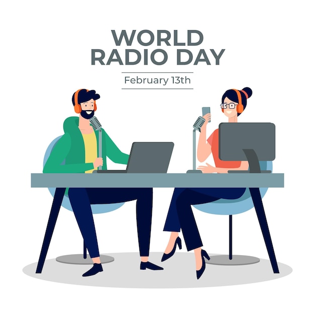 Wereld radio dag platte ontwerp achtergrond met karakters