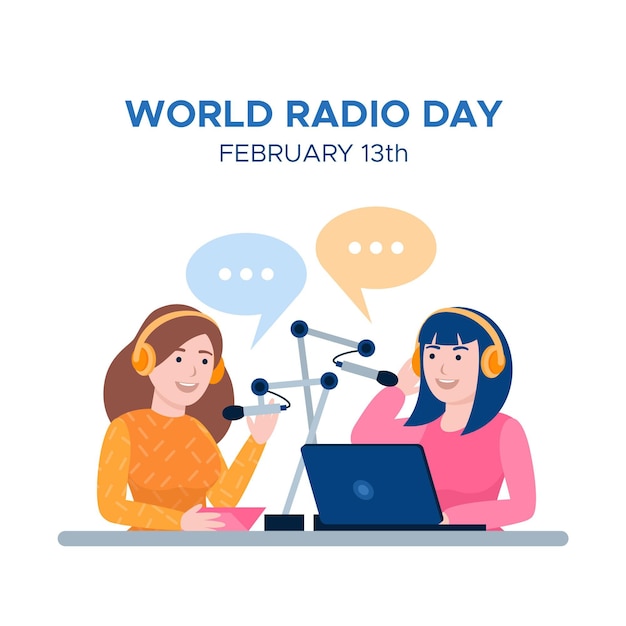 Wereld radio dag platte ontwerp achtergrond met meisjes