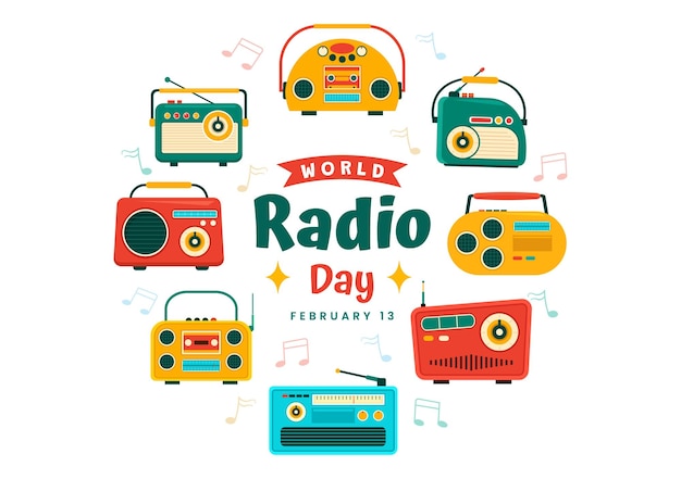 Wereld Radiodag illustratie op 13 februari voor communicatiemiddelen die worden gebruikt en luisteraars