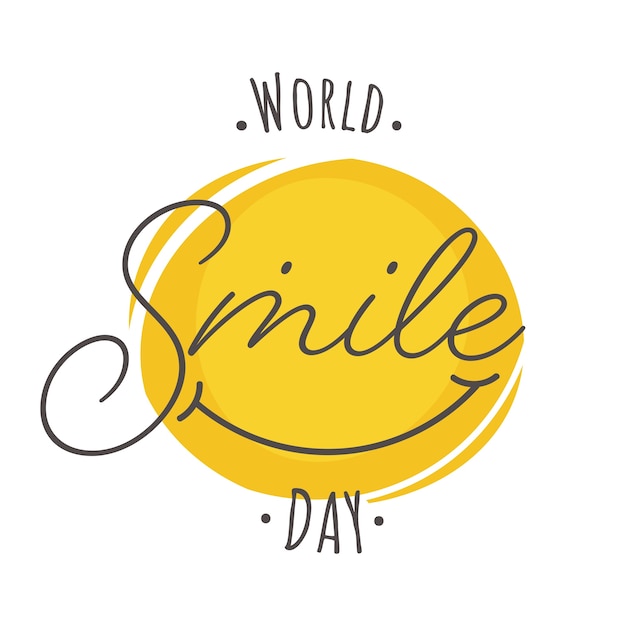 Vector wereld smile day-tekst met creatieve smileygezicht op witte achtergrond.