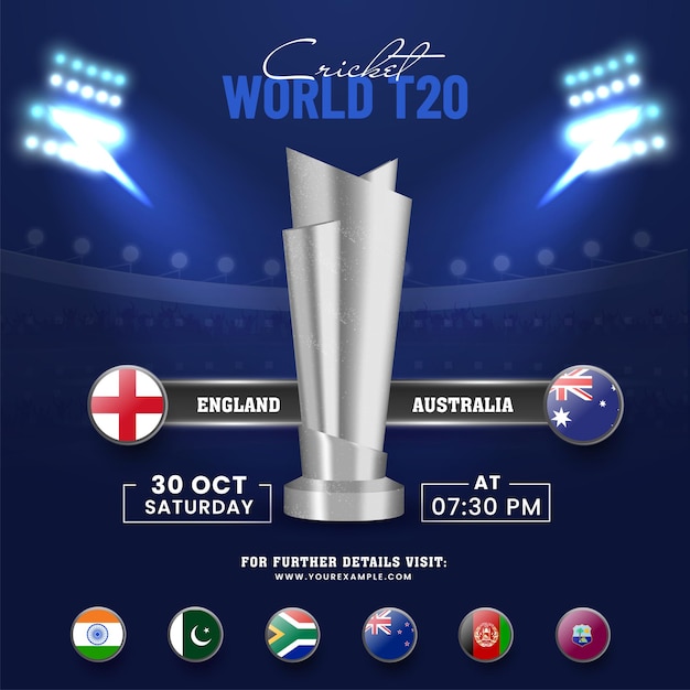 Vector wereld t20 cricket match tussen engeland vs australië met andere deelnemende landen en 3d silver trophy cup op blauwe stadionachtergrond.