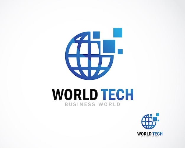 Wereld tech logo creatieve pixel technologie digitaal creatief ontwerpconcept