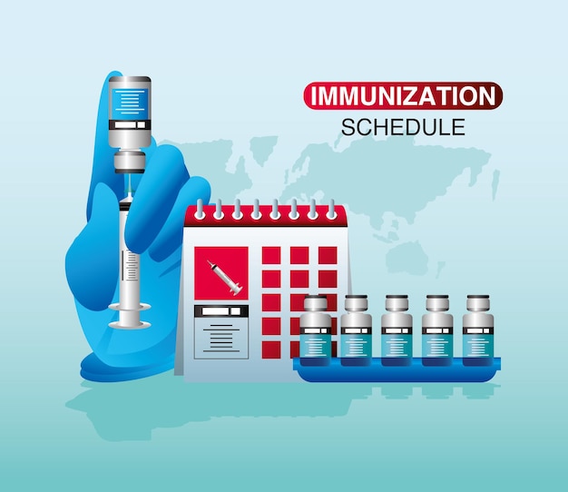 Wereld vaccin immunisatie schema hand met spuitflesjes coronavirus illustratie