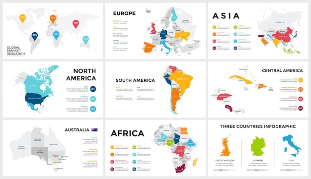 Vector wereld vector kaart infographic sjablonen pack europa azië noord zuid-amerika australië afrika