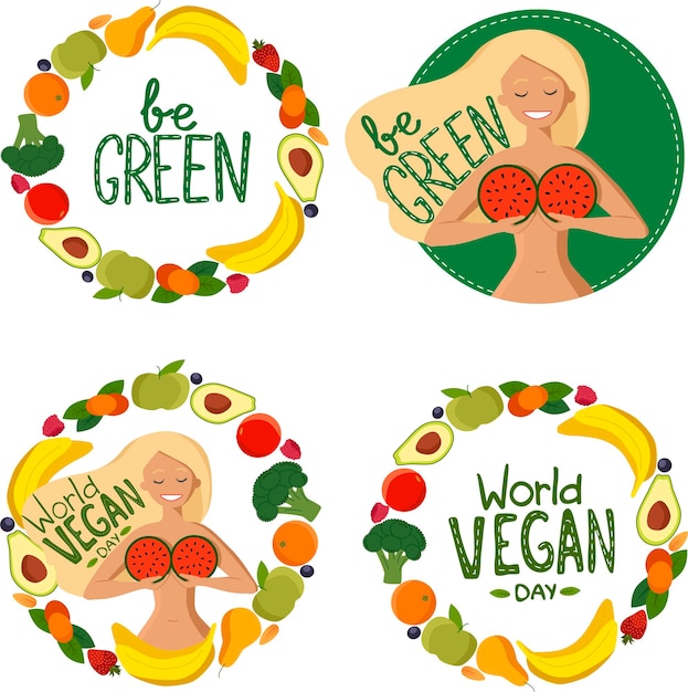 Wereld Veganistische Dag. Groenten en fruit. Vegetarische reeks. Wenskaart. Vectorillustratie.